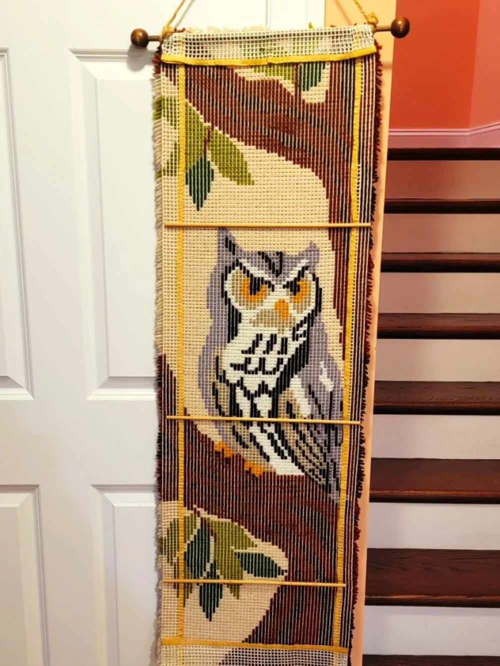 1970s Retro Big Gray Owl Resting on a Tree Hand Made Hook & Latch Wall Hanging
